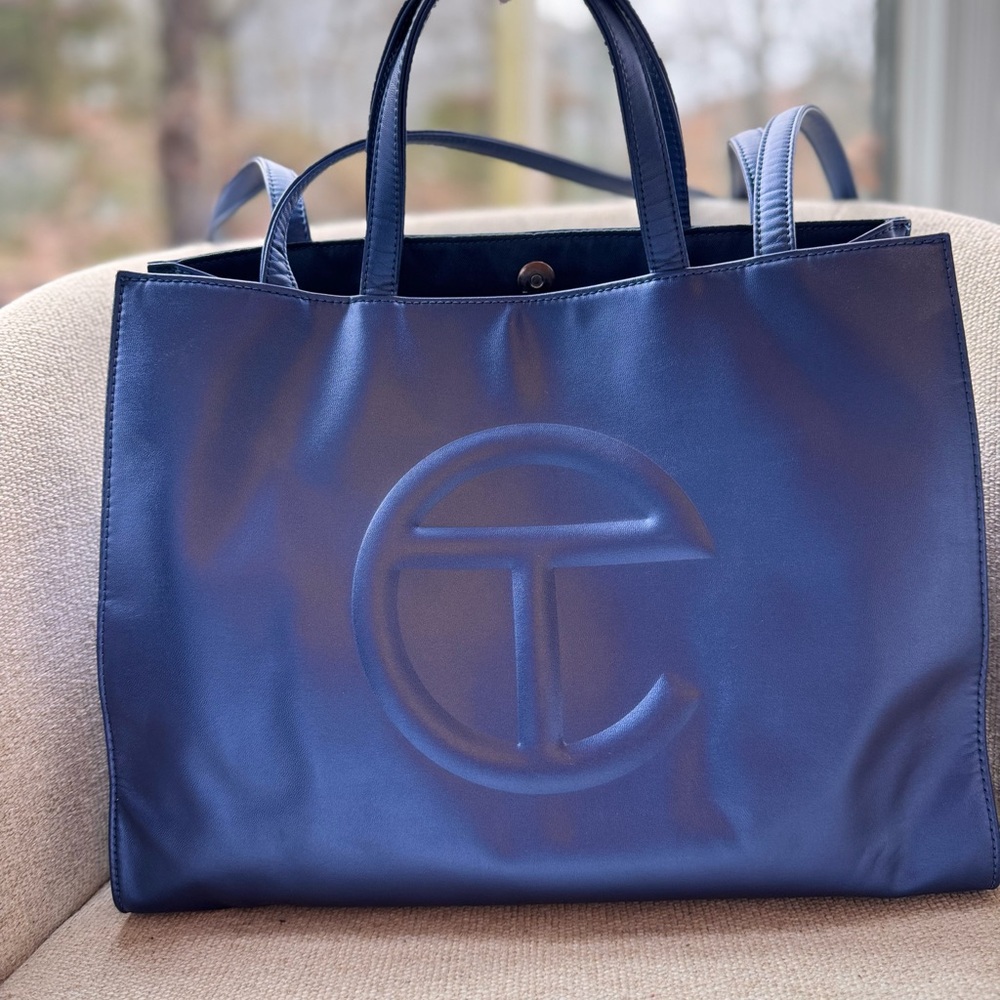 Telfar Blue Tote Bag with Structured Design and Prominent Logo